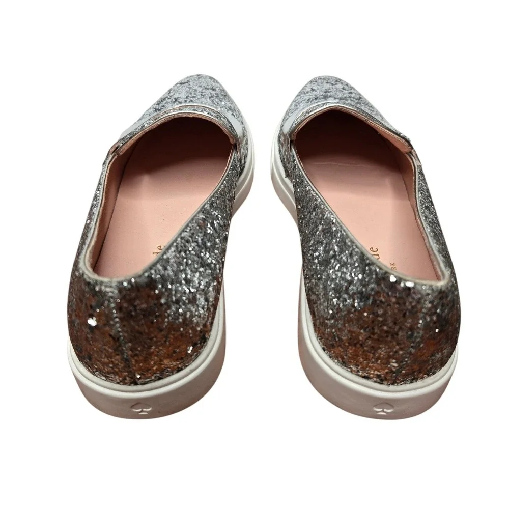 Kate Spade Clover Glitter Leather Slip-On Sneakers Silver Metallic Loafers 7.5